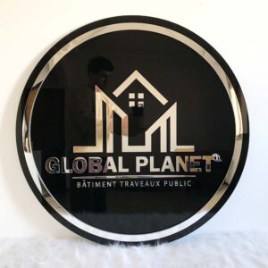 Logo acrylique personnalisé black sign with 3D silver backlit lettering - sign in Morocco – Gifts et Decor Maroc
