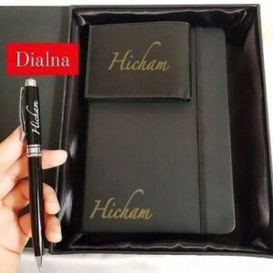 Pack 3 pieces personnalisé avec texte Bloc-notes Stylo Portefeuille – Gifts et Decor Maroc