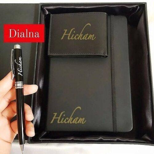 Pack 3 pieces personnalisé avec texte Bloc-notes Stylo Portefeuille – Gifts et Decor Maroc